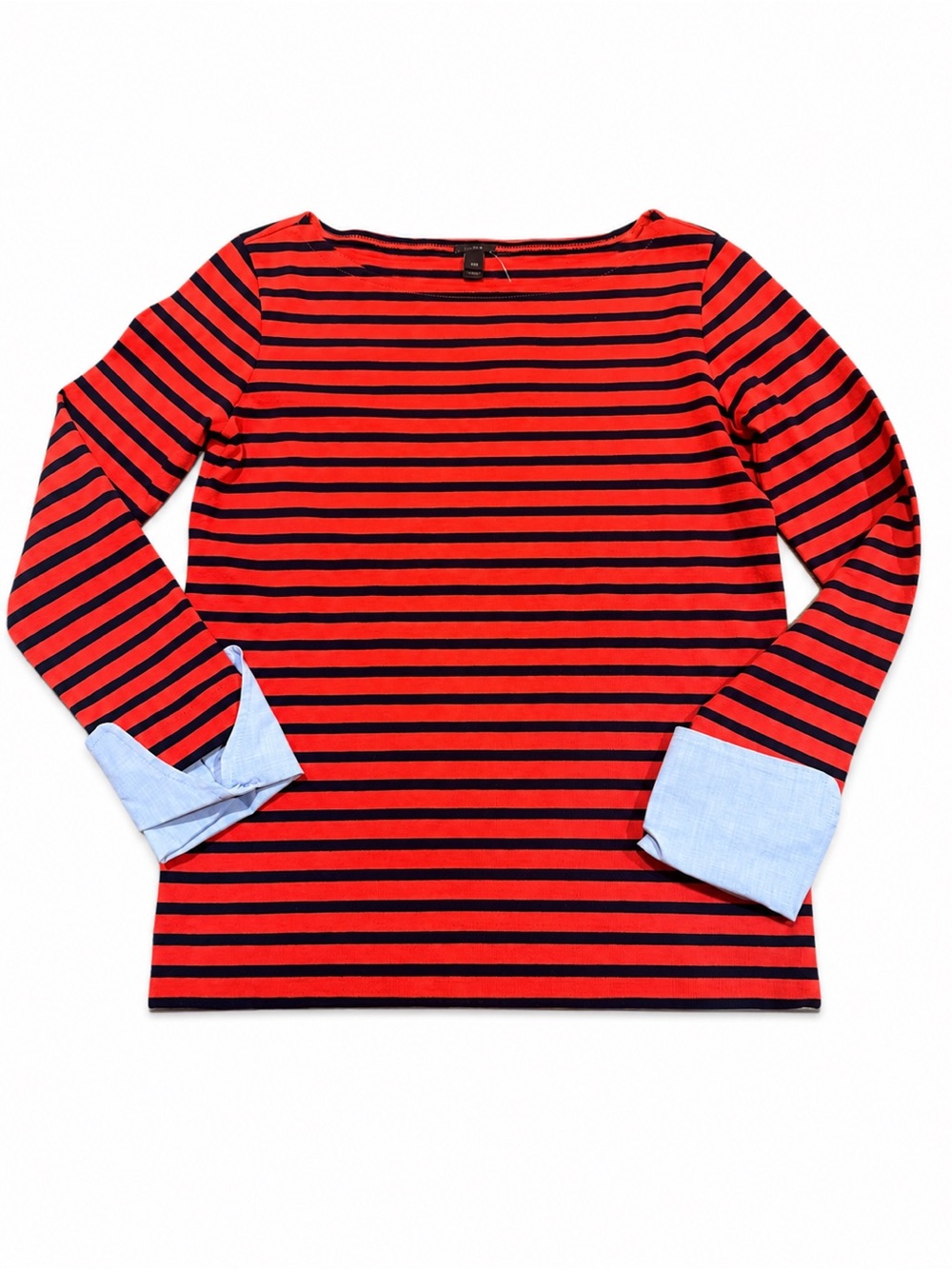 J.Crew Striped Boatneck Top with Built-In Cuffs NWT XXS Red With Navy Stripes